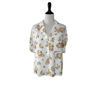 MNG Mango Button Front Blouse Size 1X White Floral Short Sleeve Boxy Airy
